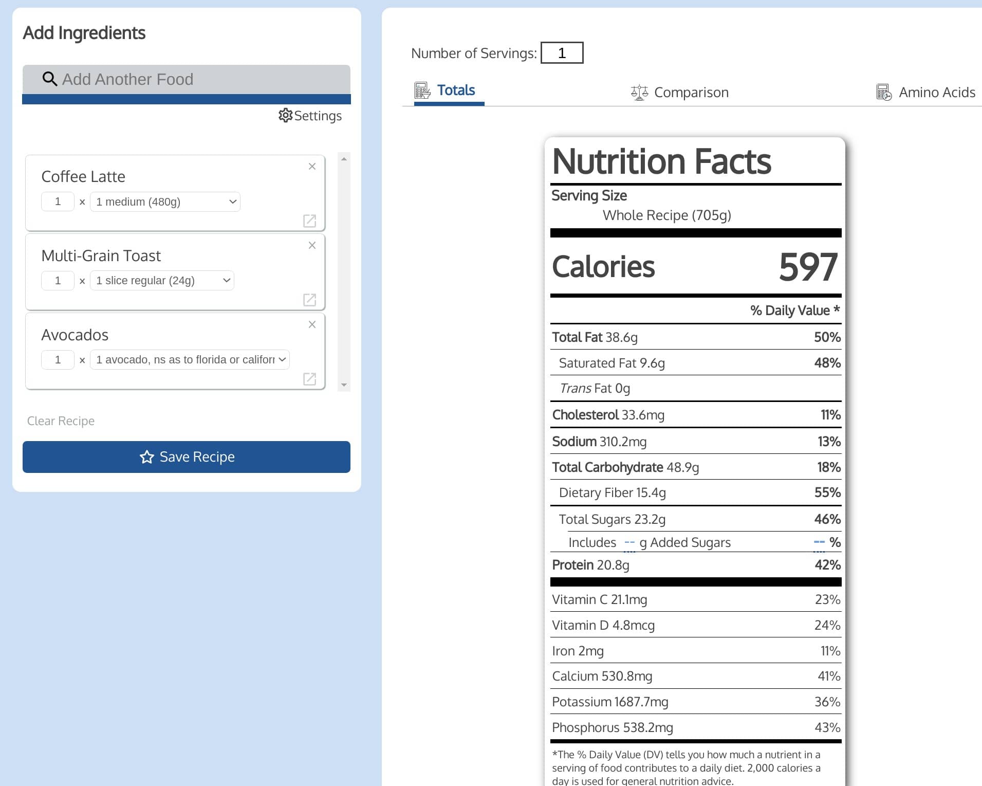 Screen Shot of the Recipe Nutrition Calculator